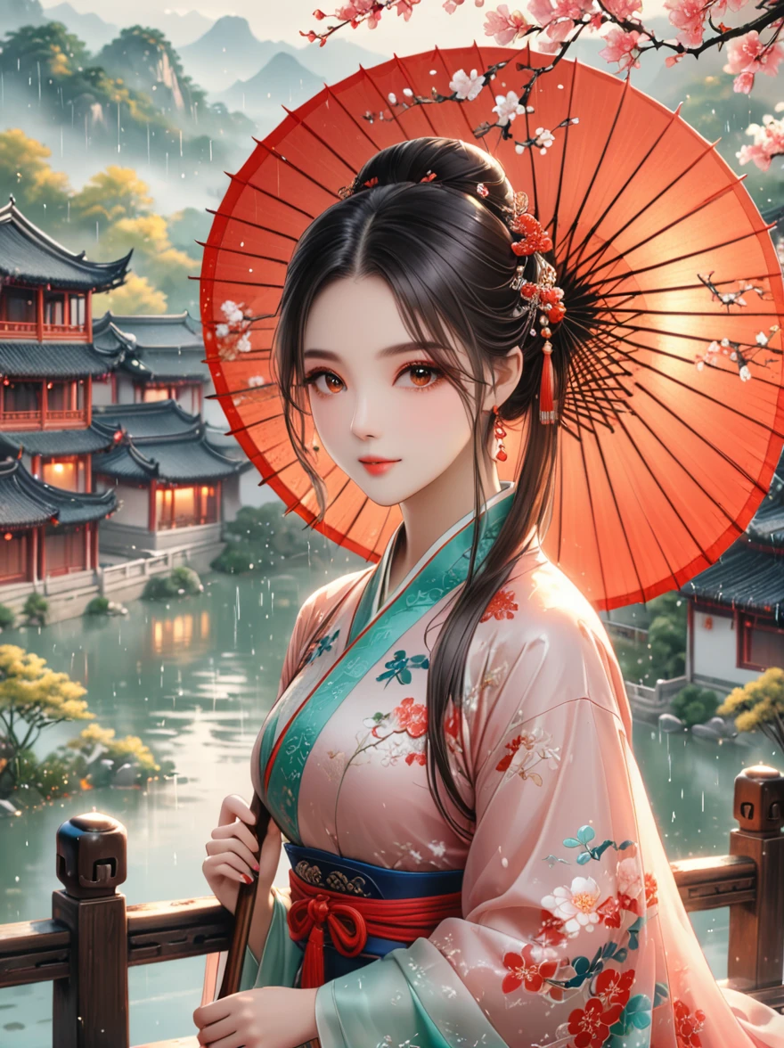 (Best quality，8k，high resolution，masterpiece:1.2)，Ultra Detail，(Girl holding an oil-paper umbrella:1.3)，(Oil-paper umbrella:1.5)，(Girls Focus)，(Close shot)，(beautydelicate eyes，beautydelicate lips，Extremely detailed eyes and face，Long eyelashes)，Stand on a small bridge，Running Water，Ancient Town，Jiangnan Scenery，antique，Spring rain，light rain，beauty，Traditional Chinese Hanfu，Chinese Architecture，illustration，The image is bright，rich and colorful，Fine details