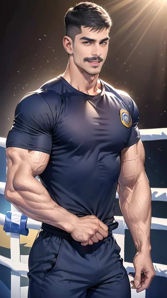 (handsome Man),(Thin mustache:1.1),(crew cut short hair:1.5),black eye,
(navy blue tight-fitting round neck short sleeve T-shirt:1.3),(Police badge:1.3),navy blue cargo pants,(navy_gloves:1,3),(navy_backpack:1.3),(sunglasses:1.3),
Korean guy,chest muscles,large arm muscles,blood vessel,Big muscles,Broad shoulders,(open mouth:1.2),(face up:1.2),(open eyes:1.5),middle of the road,smile,(boxing ring:1.4),