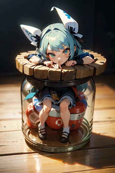 3d-illustration of a very cute girl figure in a jar, masterpiece((must)), palm-sized, cute, the face is dense((must)), ilya kuvs...