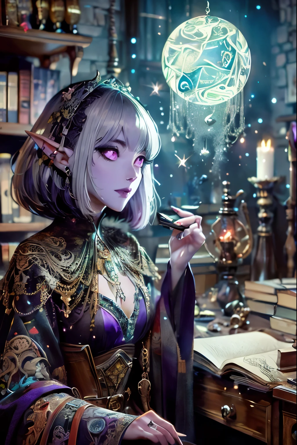 (Ultra-detailed face, open mouth), (Fantasy Illustration with Gothic & Ukiyo-e & Comic Art), (Full Body, A middle-aged dark elf woman with white hair, blunt bangs, very long disheveled hair, and dark purple skin, lavender eyes), (She is wearing a gorgeous wizard's robe of red silk with lace for women and thin black leather woven sandals), She peers through a magnifying glass at a sparkling, burning, magical clockwork artifact on a large wooden desk and examines it intently), BREAK (Ancient artifacts that look like junk are lying in disarray in the background, and bookshelves are crammed with books of magic)