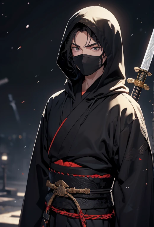 Coloring book for adults, Ninja, ninja, Adult male, whole body, kimono, Holding a sword at the waist, Sword and brown belt, Black Hair, Hide your face with a hood、Black Mask、compensate、darkness、Moonlight