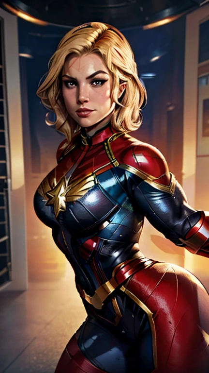 Captain Marvel(Gina Carano face), combat stance, highly detailed, vibrant appearance, creative behavior, extremly detailed, imaginative, sensual, spontaneous, short bleach blonde haircut, small round breasts, athletic physique, round ass, Captain Marvel suit, highest quality, skin texture, intricate details, (cinematic lighting), RAW photo, 8k, masterpiece,best quality,ultra-detailed,very detailed illustrations,extremely detailed,intricate details,highres,super complex details,extremely detailed 8k cg wallpaper,