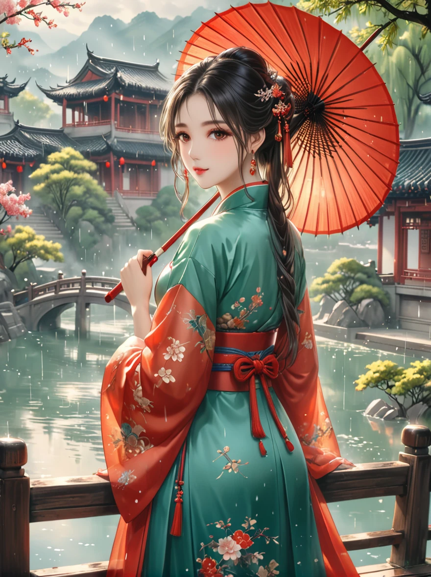 (Best quality，8k，high resolution，masterpiece:1.2)，Ultra Detail，(Girl holding an oil-paper umbrella:1.3)，(Oil-paper umbrella:1.5)，(Girls Focus)，(Close shot)，(beautydelicate eyes，beautydelicate lips，Extremely detailed eyes and face，Long eyelashes)，Stand on a small bridge，Running Water，Ancient Town，Jiangnan Scenery，antique，Spring rain，light rain，beauty，Traditional Chinese Hanfu，Chinese Architecture，illustration，The image is bright，rich and colorful，Fine details