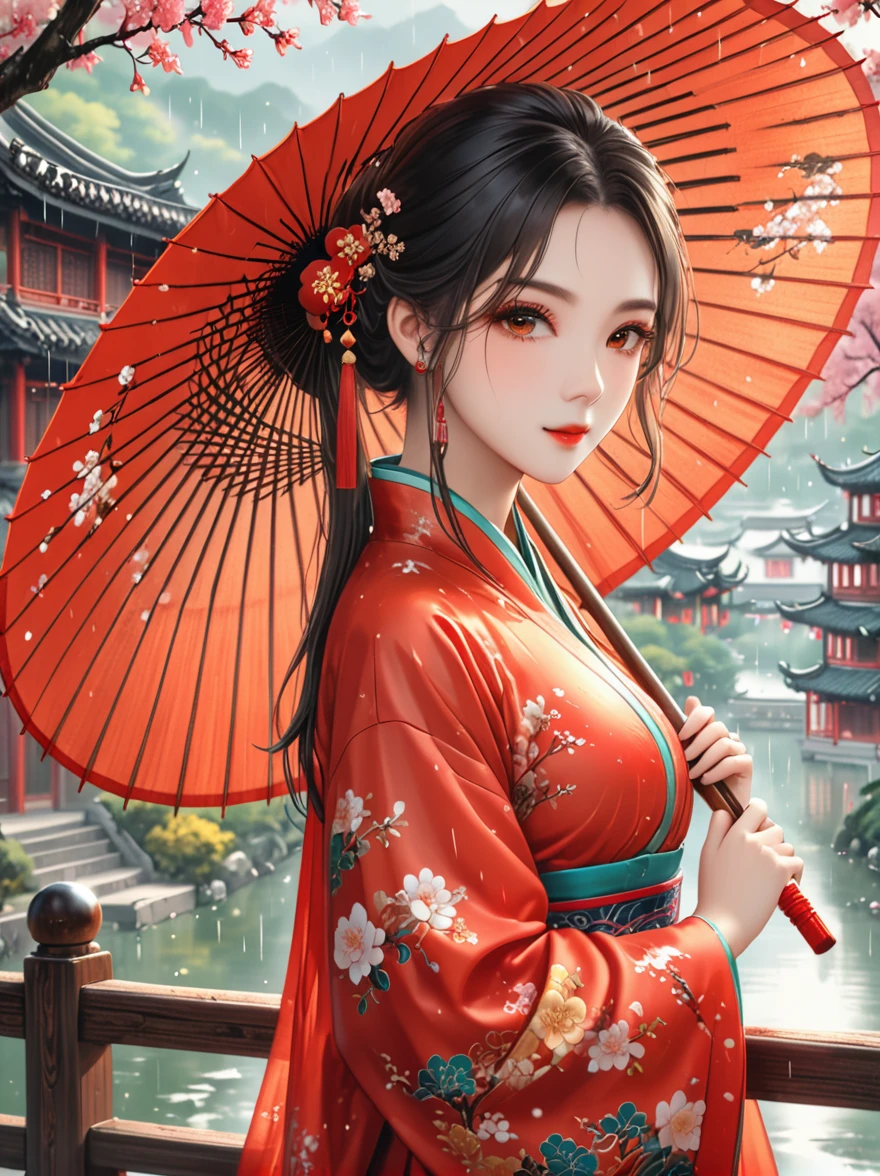 (Best quality，8k，high resolution，masterpiece:1.2)，Ultra Detail，(Girl holding an oil-paper umbrella:1.3)，(Oil-paper umbrella:1.5)，(Girls Focus)，(Close shot)，(beautydelicate eyes，beautydelicate lips，Extremely detailed eyes and face，Long eyelashes)，Stand on a small bridge，Running Water，Ancient Town，Jiangnan Scenery，antique，Spring rain，light rain，beauty，Traditional Chinese Hanfu，Chinese Architecture，illustration，The image is bright，rich and colorful，Fine details