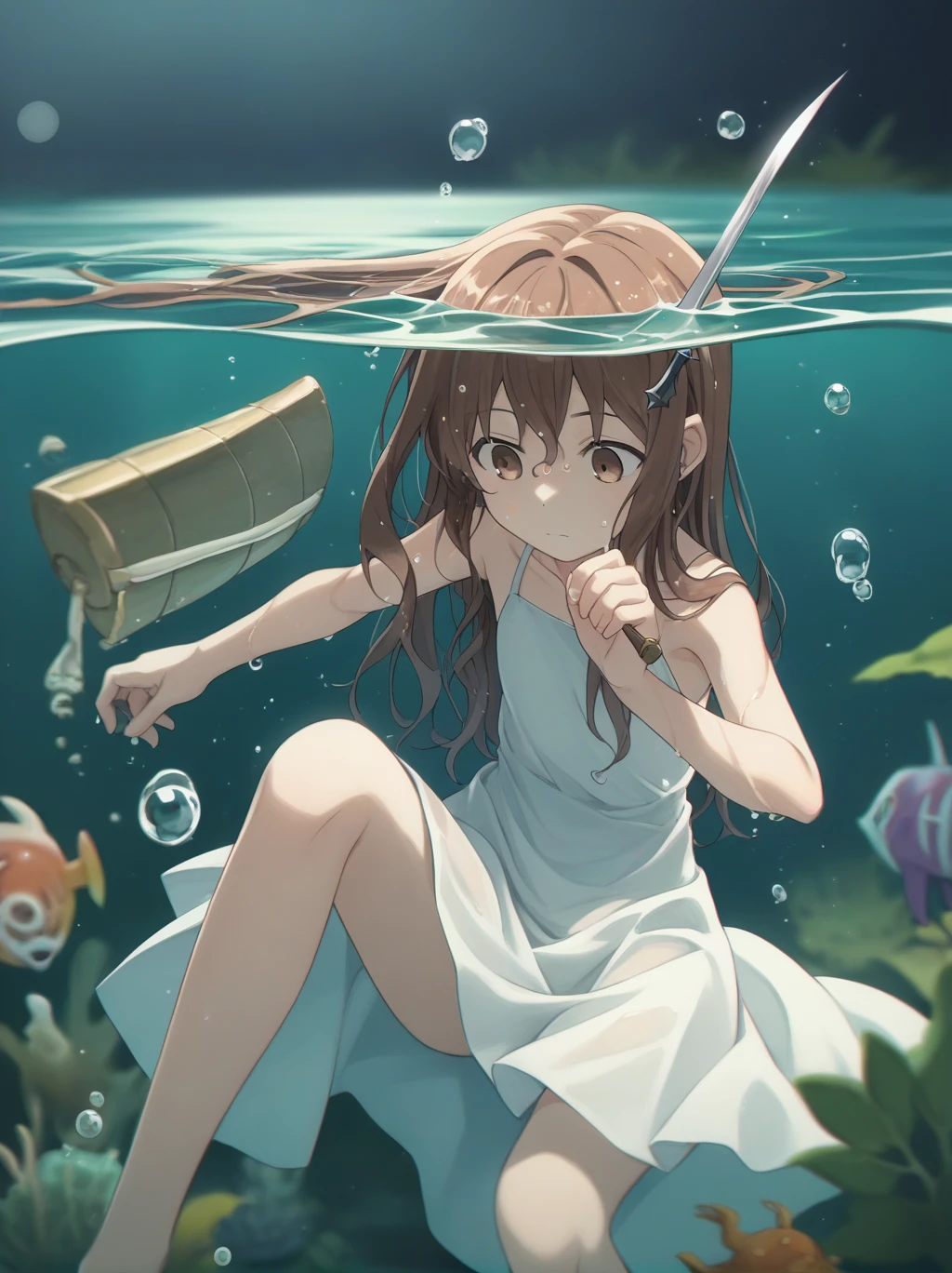 score_9, score_8_superior, score_7_superior, score_6_superior, sauce_anime, Partially underwater, 
One girl, Long Hair, Brown Hair, Wet Hair,
White Dress, Swamp,
Dark Background, Blurred Edges,8-year-old、Adventurer、Flat Chest、Pitch-dark underground labyrinth、No light、skirt、Equipped with a dagger and a shield、水面よりsuperiorの顔、Body in water, Underwater Photography、浮力でskirt捲れる