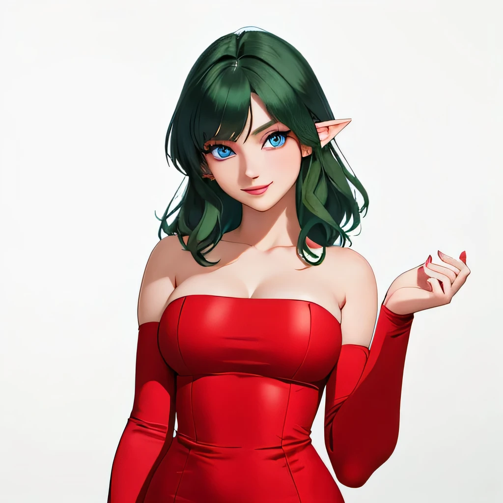  (masterpiece,best quality,ultra-delicate,Perfect Face,16k,high resolution,very beautiful girl),Medium short deep green hair:1.2, Red strapless bodycon tube dress ,Red long arm sleeves,Elf Girl,((large Breasts)),blue eyes,Beautiful smile,20 years old,