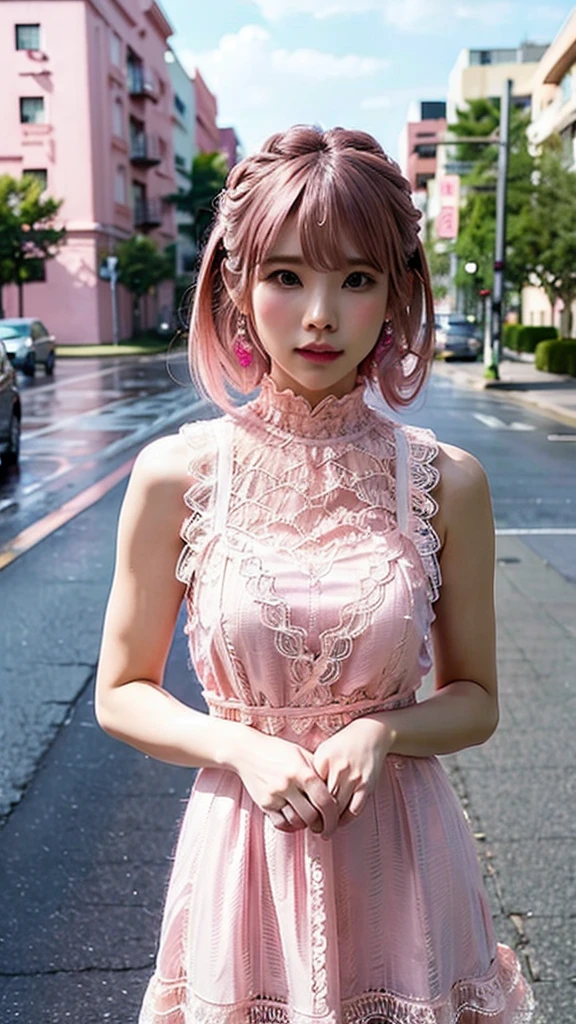 a woman posing on the 街道 corner with 粉红色的裙子 on, 最好的质量, 高分辨率, 8千, 1人们の女の子, (巨大的乳房), 天, 明亮的, 户外的, (街道:0.8), (人们々, 人群:1), (蕾丝边连衣裙:1.5, 粉红色的衣服:1.5, 粉色高领连衣裙:1.5, 无袖连衣裙, 粉红色的裙子: 1.5), 好的, (中等长度的头发), 精美细致的天空, 漂亮的耳环, (动态姿势:0.8), (上半身:1.2), 柔和的灯光, 风, 有光泽的皮肤, 查看您的观众,  