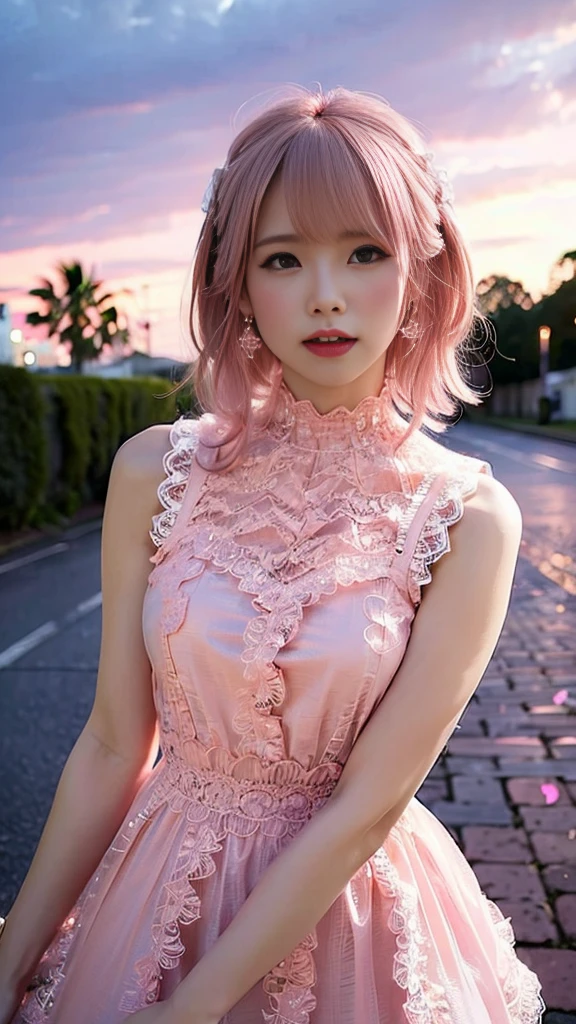 a woman posing on the street corner with Pink Dress on, Highest quality, High resolution, 8K, 1peopleの女の子, (Huge breasts), Day, bright, Outdoor, (street:0.8), (people々, crowd:1), (lace trim dress:1.5, Pink clothes:1.5, Pink high neck dress:1.5, Sleeveless dress, Pink Dress: 1.5), nice, (Medium Hair), Beautifully detailed skies, Beautiful earrings, (Dynamic pose:0.8), (Upper Body:1.2), Soft lighting, Wind, Shiny skin, View your viewers,  