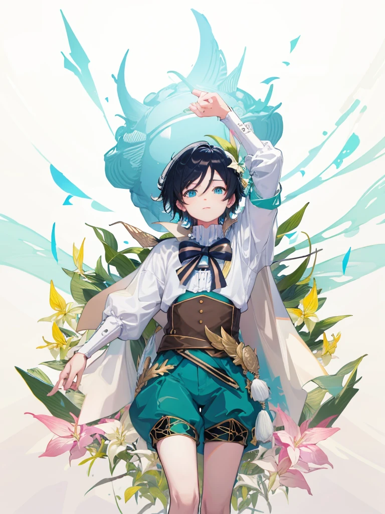 Venti genshi impact flat colors card cover blue colors golden frame boy with a book in his hands stars and elements like white flowers around half body 3/4 