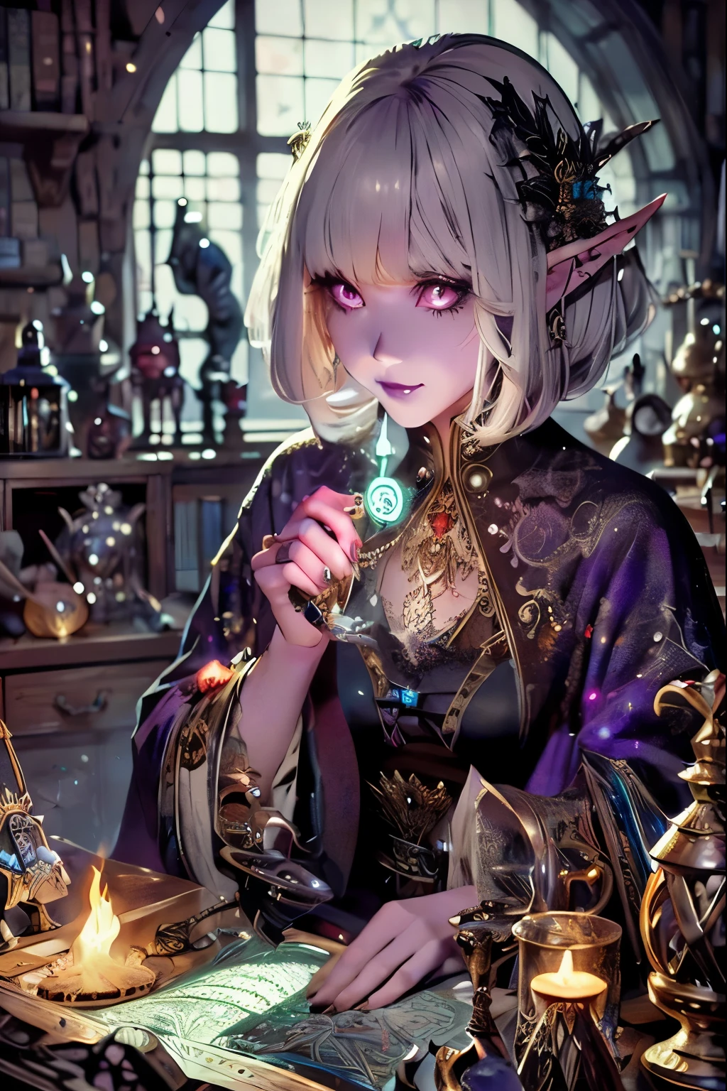 (Ultra-detailed face, open mouth), (Fantasy Illustration with Gothic & Ukiyo-e & Comic Art), (Full Body, A middle-aged dark elf woman with white hair, blunt bangs, very long disheveled hair, and dark purple skin, lavender eyes), (She is wearing a gorgeous wizard's robe of red silk with lace for women and thin black leather woven sandals), She peers through a magnifying glass at a sparkling, burning, magical clockwork artifact on a large wooden desk and examines it intently), BREAK (Ancient artifacts that look like junk are lying in disarray in the background, and bookshelves are crammed with books of magic)