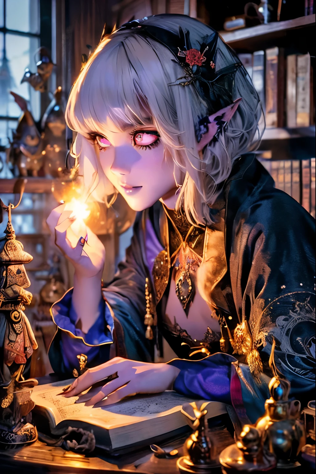 (Ultra-detailed face, open mouth), (Fantasy Illustration with Gothic & Ukiyo-e & Comic Art), (Full Body, A middle-aged dark elf woman with white hair, blunt bangs, very long disheveled hair, and dark purple skin, lavender eyes), (She is wearing a gorgeous wizard's robe of red silk with lace for women and thin black leather woven sandals), She peers through a magnifying glass at a sparkling, burning, magical clockwork artifact on a large wooden desk and examines it intently), BREAK (Ancient artifacts that look like junk are lying in disarray in the background, and bookshelves are crammed with books of magic)