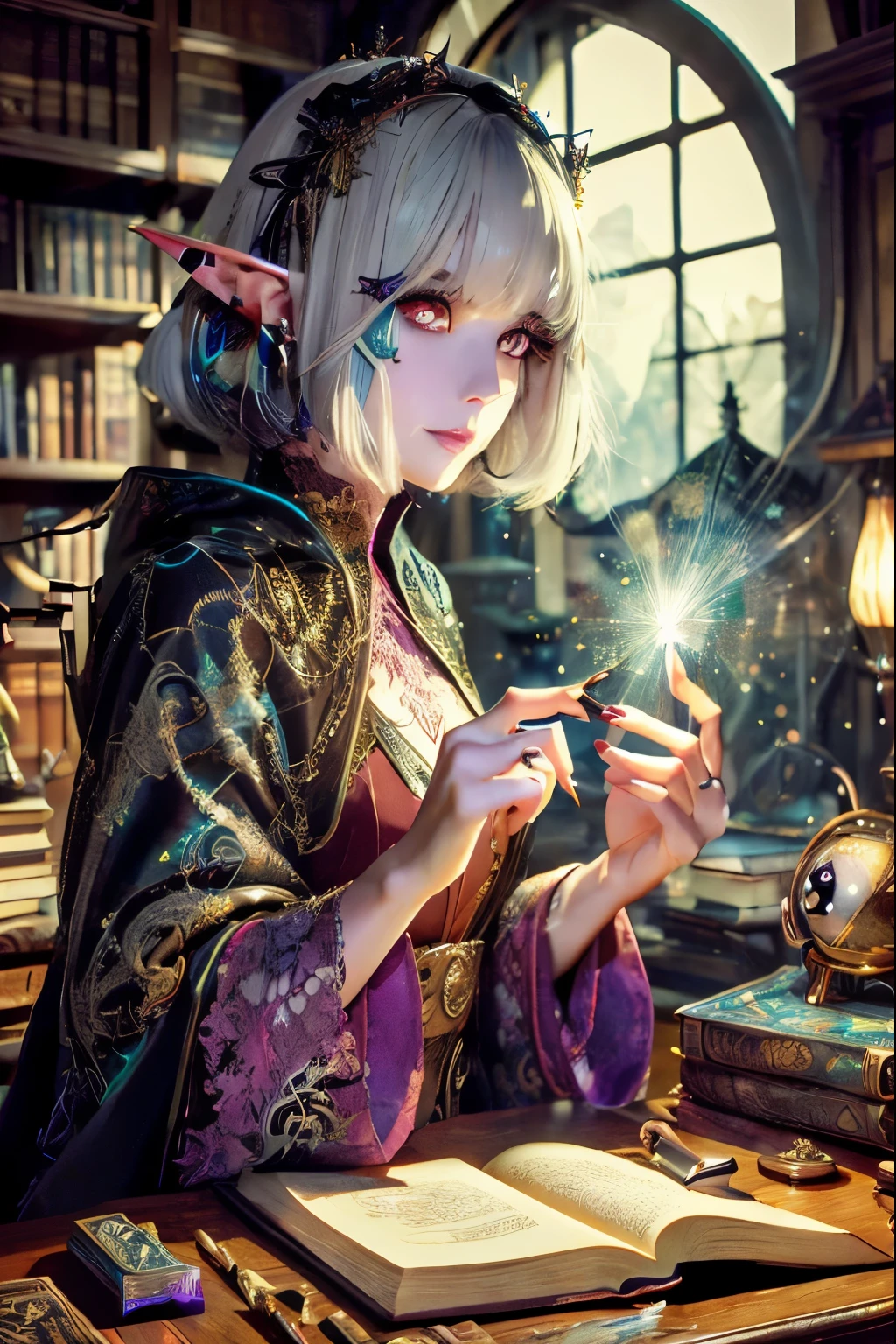 (Ultra-detailed face, open mouth), (Fantasy Illustration with Gothic & Ukiyo-e & Comic Art), (Full Body, A middle-aged dark elf woman with white hair, blunt bangs, very long disheveled hair, and dark purple skin, lavender eyes), (She is wearing a gorgeous wizard's robe of red silk with lace for women and thin black leather woven sandals), She peers through a magnifying glass at a sparkling, burning, magical clockwork artifact on a large wooden desk and examines it intently), BREAK (Ancient artifacts that look like junk are lying in disarray in the background, and bookshelves are crammed with books of magic)