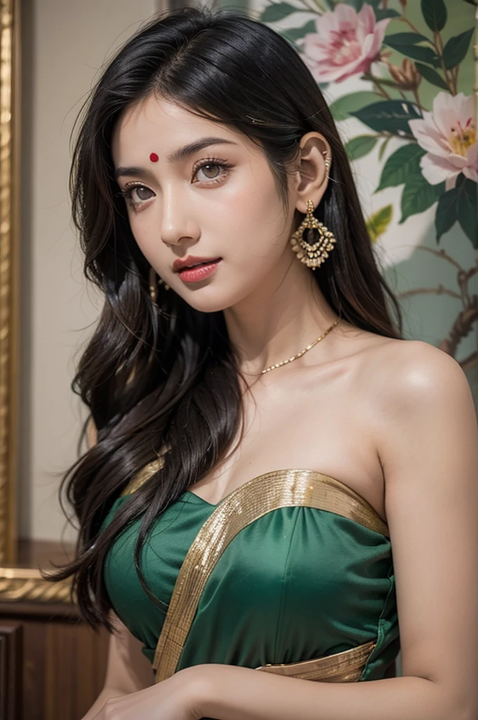 masterpiece, centered, 1 young Indian woman with a cute and radiant face, featuring exquisitely detailed eyes, expressing a mix of shyness and joy, dressed in vibrant traditional Indian attire. She has a slim figure and medium-sized breasts. Generate an 8k image, risbeauty indian,
