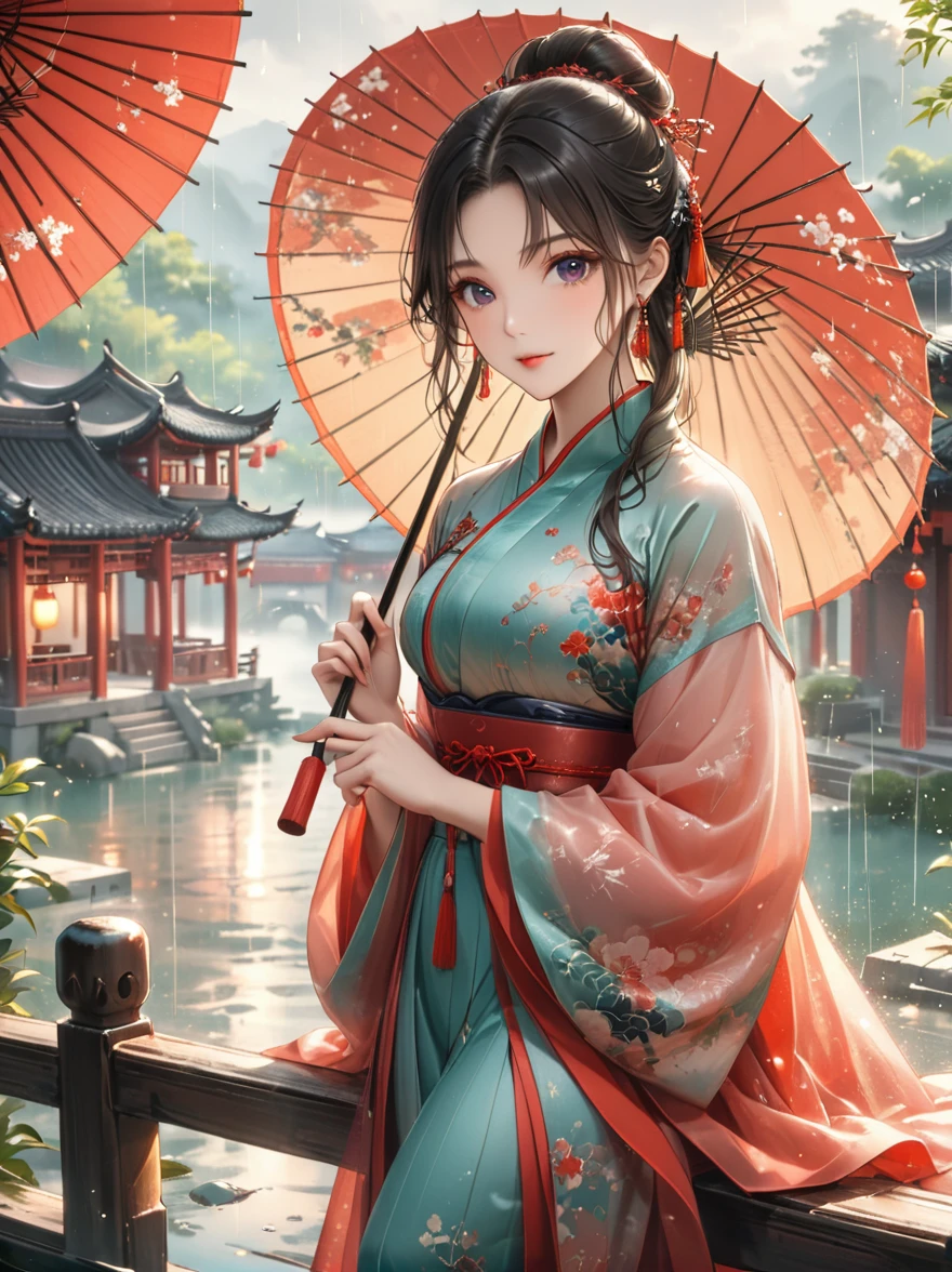 (Best quality，8K，high resolution，masterpiece:1.2)，Ultra Detail，(Girl holding an oil-paper umbrella:1.3)，(Oil-paper umbrella:1.5)，(Girls Focus)，(Close shot)，(beautydelicate eyes，beautydelicate lips，Extremely detailed eyes and face，Long eyelashes)，Stand on a small bridge，Running Water，Ancient Town，Jiangnan Scenery，antique，Spring rain，light rain，beauty，Traditional Chinese Hanfu，Chinese Architecture，illustration，The image is bright，rich and colorful，Fine details