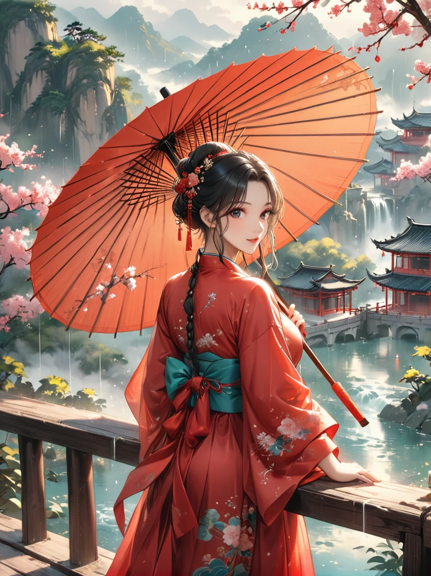 (Best quality，8K，high resolution，masterpiece:1.2)，Ultra Detail，(Girl holding an oil-paper umbrella:1.3)，(Oil-paper umbrella:1.5)，(Girls Focus)，(Close shot)，(beautydelicate eyes，beautydelicate lips，Extremely detailed eyes and face，Long eyelashes)，Stand on a small bridge，Running Water，Ancient Town，Jiangnan Scenery，antique，Spring rain，light rain，beauty，Traditional Chinese Hanfu，Chinese Architecture，illustration，The image is bright，rich and colorful，Fine details