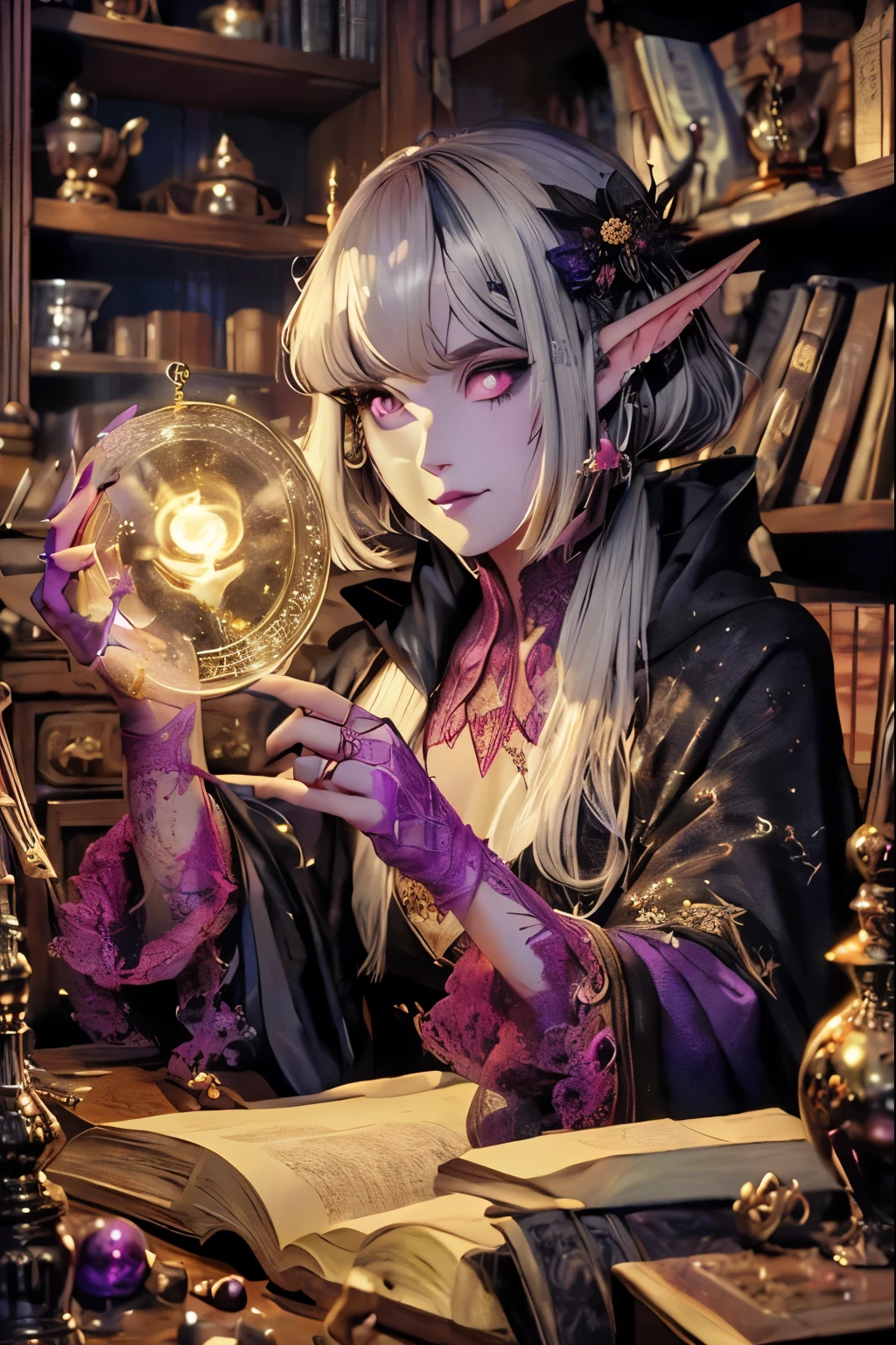 (Ultra-detailed face, open mouth), (Fantasy Illustration with Gothic & Ukiyo-e & Comic Art), (Full Body, A middle-aged dark elf woman with white hair, blunt bangs, very long disheveled hair, and dark purple skin, lavender eyes), (She is wearing a gorgeous wizard's robe of red silk with lace for women and thin black leather woven sandals), She peers through a magnifying glass at a sparkling, burning, magical clockwork artifact on a large wooden desk and examines it intently), BREAK (Ancient artifacts that look like junk are lying in disarray in the background, and bookshelves are crammed with books of magic)