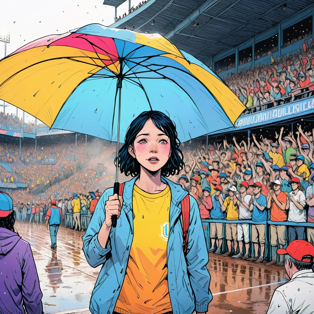 A large crowd of people cheering with umbrellas on the baseball field々、Happy and excited、Small stadium、(Highest quality、4K、8k、High resolution、masterpiece:1.2)、Super detailed、(Real、Photorealistic、Photorealistic:1.37)、Beautifully detailed face、Highly detailed crowd、Dynamic Movement、Bright colors、Dramatic lighting、Sporting events、Atmospheric、Candid photos、Cheering crowd、baseball Ground、Wet day、Person holding an umbrella々