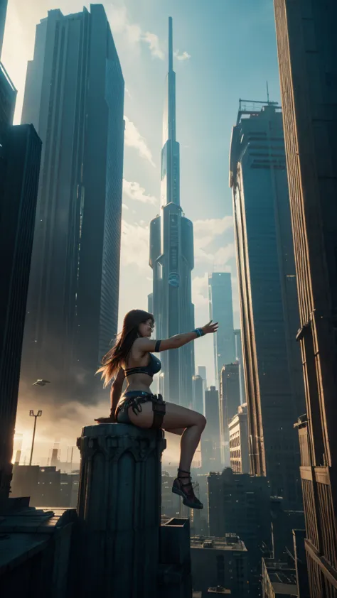 the giant girl wields a hammer and destroys the city,girl sitting on a building,a giant woman in a bikini  lying on top of a cyb...