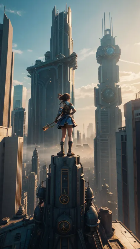 the giant girl wields a hammer and destroys the city,girl sitting on a building,a giant woman in a lying on top of a cyberpunk c...