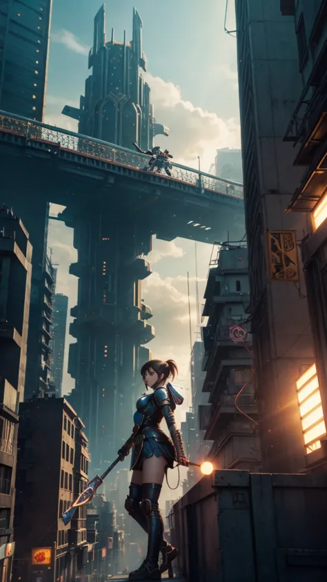 the giant girl wields a hammer and destroys the city,girl sitting on a building,a giant woman in a lying on top of a cyberpunk c...