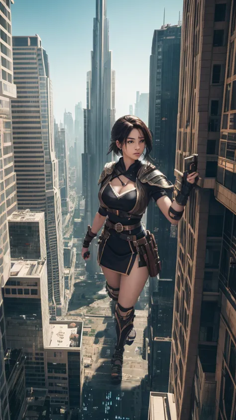 The giant girl wields a hammer and destroys the city,Girl sitting on a building,A giant woman in a lying on top of a cyberpunk c...
