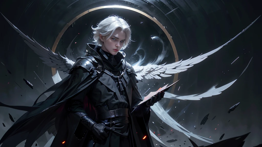 A white-haired man with a slender face, wearing a long black robe, large black wings, holding an antique book, standing, lice, darkness, his blue eyes shining with determination, showing his determination to achieve his goal. The white-haired god, slender face, wears a black cloak adorned with gold patterns, colored wings. He is long black, holding ancient scriptures, standing, hovering, darkness. His posture represents power and greatness. The male cartoon character with white hair, slender faces, wears an old-fashioned black robe, black wings look rough, holds a broken book, stands with lice. The gloom, his face represents fatigue and determination to overcome obstacles. A young man with white hair, a slender face, wears The black cloak looked simple, the black wings seemed light, held a new look book, stood up, the lice, the darkness. His posture represented peace and determination to build the future. The white-haired man, slender face, wore a long black robe, large black wings, held an antique book, stood, lice, darkness, gray eyes. His glares of determination show his determination to achieve his goal. A white-haired god with a slender face, wearing a black robe adorned with gold patterns, elongated black wings, holding an ancient scripture, standing with a roller coaster, darkness, his gestures symbolizing power and greatness. A man from the cartoon with white hair, with a slender face, wears an old-fashioned black robe, black wings and black wings. Rough, holding a broken book, standing, hovering, blackness, his face representing fatigue and determination to overcome obstacles. A young man with white hair, slender face, dressed in a simple black robe, black wings looking light, holding a new look, standing, dark. His gestures symbolize peace and determination to build the future.