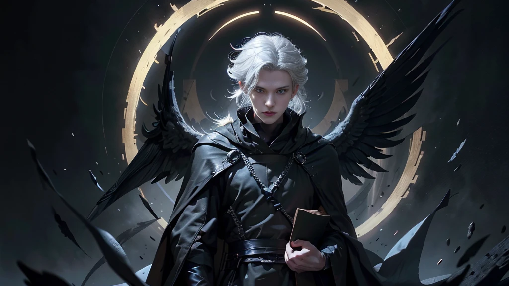 A white-haired man with a slender face, wearing a long black robe, large black wings, holding an antique book, standing, lice, darkness, his blue eyes shining with determination, showing his determination to achieve his goal. The white-haired god, slender face, wears a black cloak adorned with gold patterns, colored wings. He is long black, holding ancient scriptures, standing, hovering, darkness. His posture represents power and greatness. The male cartoon character with white hair, slender faces, wears an old-fashioned black robe, black wings look rough, holds a broken book, stands with lice. The gloom, his face represents fatigue and determination to overcome obstacles. A young man with white hair, a slender face, wears The black cloak looked simple, the black wings seemed light, held a new look book, stood up, the lice, the darkness. His posture represented peace and determination to build the future. The white-haired man, slender face, wore a long black robe, large black wings, held an antique book, stood, lice, darkness, gray eyes. His glares of determination show his determination to achieve his goal. A white-haired god with a slender face, wearing a black robe adorned with gold patterns, elongated black wings, holding an ancient scripture, standing with a roller coaster, darkness, his gestures symbolizing power and greatness. A man from the cartoon with white hair, with a slender face, wears an old-fashioned black robe, black wings and black wings. Rough, holding a broken book, standing, hovering, blackness, his face representing fatigue and determination to overcome obstacles. A young man with white hair, slender face, dressed in a simple black robe, black wings looking light, holding a new look, standing, dark. His gestures symbolize peace and determination to build the future.