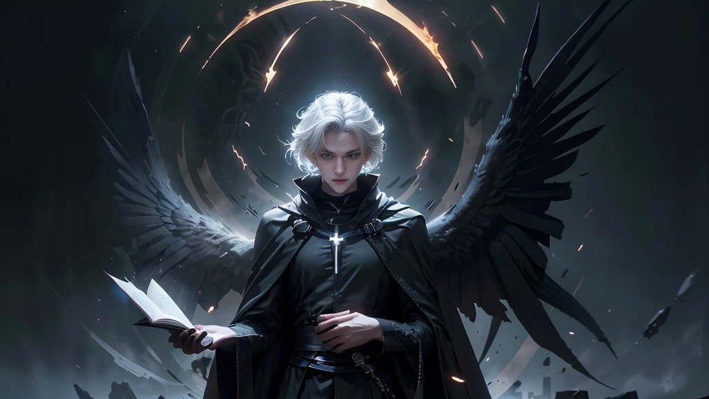 A white-haired man with a slender face, wearing a long black robe, large black wings, holding an antique book, standing, lice, darkness, his blue eyes shining with determination, showing his determination to achieve his goal. The white-haired god, slender face, wears a black cloak adorned with gold patterns, colored wings. He is long black, holding ancient scriptures, standing, hovering, darkness. His posture represents power and greatness. The male cartoon character with white hair, slender faces, wears an old-fashioned black robe, black wings look rough, holds a broken book, stands with lice. The gloom, his face represents fatigue and determination to overcome obstacles. A young man with white hair, a slender face, wears The black cloak looked simple, the black wings seemed light, held a new look book, stood up, the lice, the darkness. His posture represented peace and determination to build the future. The white-haired man, slender face, wore a long black robe, large black wings, held an antique book, stood, lice, darkness, gray eyes. His glares of determination show his determination to achieve his goal. A white-haired god with a slender face, wearing a black robe adorned with gold patterns, elongated black wings, holding an ancient scripture, standing with a roller coaster, darkness, his gestures symbolizing power and greatness. A man from the cartoon with white hair, with a slender face, wears an old-fashioned black robe, black wings and black wings. Rough, holding a broken book, standing, hovering, blackness, his face representing fatigue and determination to overcome obstacles. A young man with white hair, slender face, dressed in a simple black robe, black wings looking light, holding a new look, standing, dark. His gestures symbolize peace and determination to build the future.