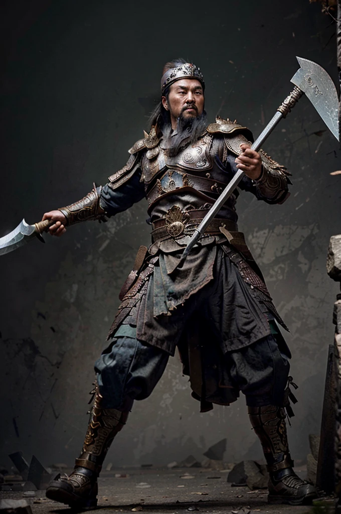un antiguo guerrero chino sosteniendo un hacha de plata