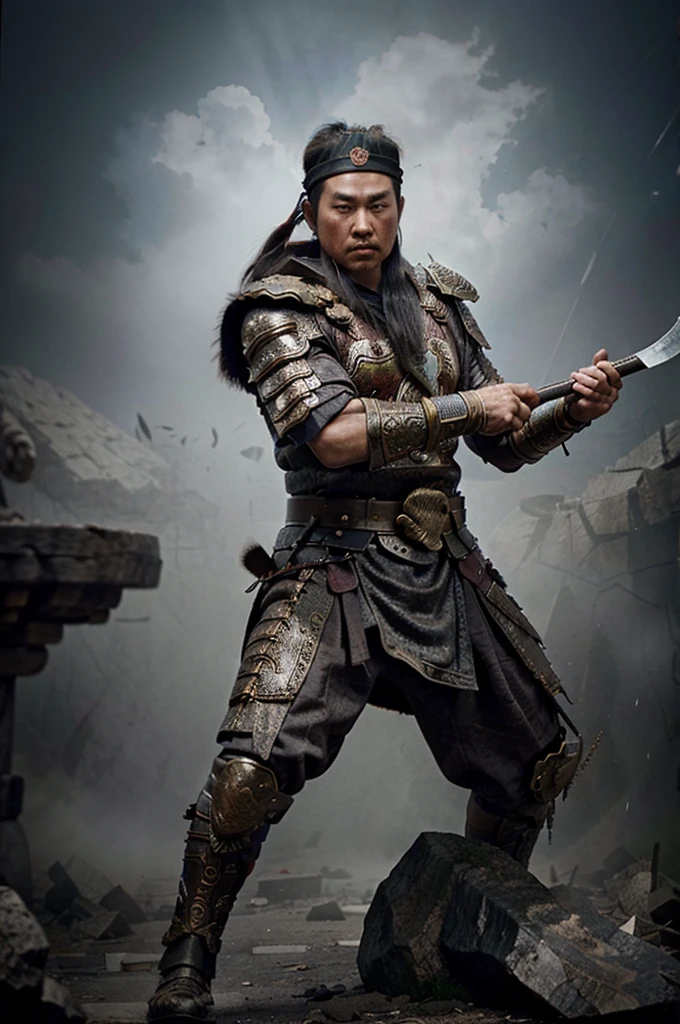 un antiguo guerrero chino sosteniendo un hacha de plata