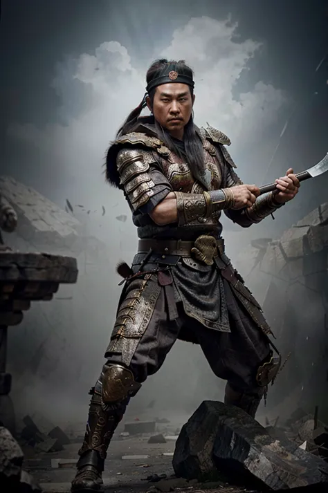 an ancient chinese warrior holding a silver axe