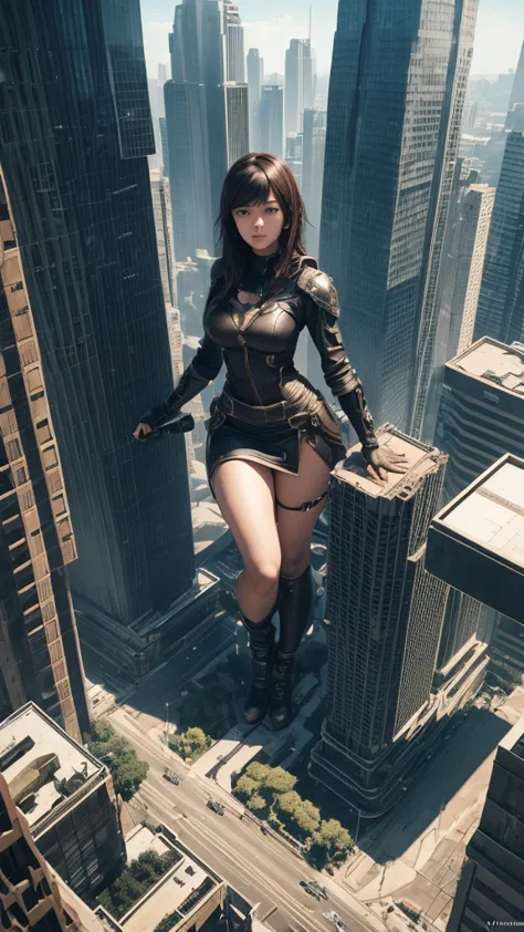 The giant girl wields a hammer and destroys the city,Girl sitting on a building,A giant woman in a lying on top of a cyberpunk c...