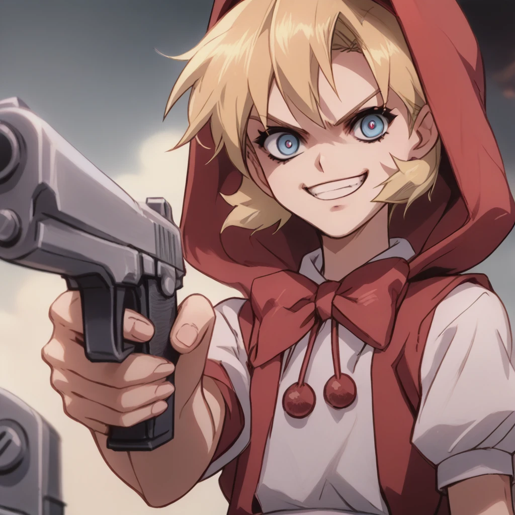 source_anime, anime screencap, anime coloring,score_8_up,score_7_up,score_6_up,score_5_up,score_4_up, 1girl,solo,,rariatto, bulleta,blonde hair,
little red riding hood (grimm) (cosplay),red dress,red hood, apron, evil, crazy smile, looking at viewer, upper body,heart, right pistol
