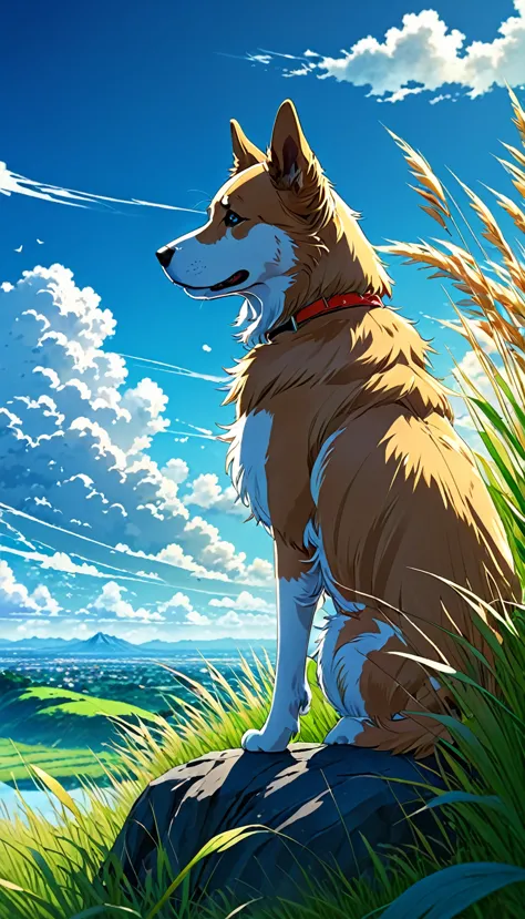 anime landscape of a dog sitting on a hill with tall grasses watching a blue sky with bright white clouds serene sky anime natur...