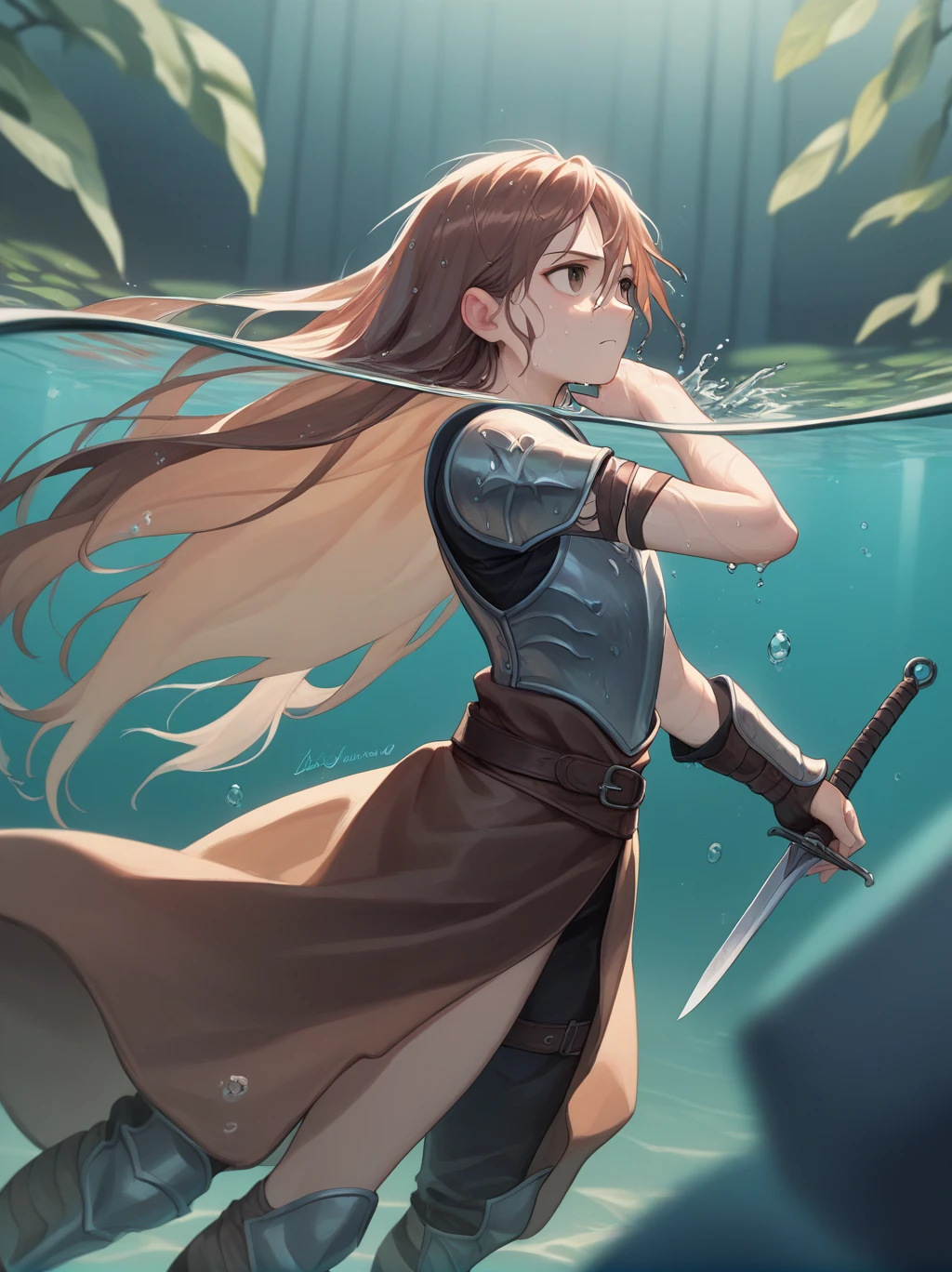 Partially underwater,最high quality,high quality, One girl, Long Hair, Brown Hair, Wet Hair,  Blurred Edges,5 years old,Adventurer,Flat Chest,Pitch-dark underground labyrinth,No light,Leather armor,Equipped with a dagger and a shield,Face above water,Body in water, Underwater Photography,The robe rolls up due to buoyancy