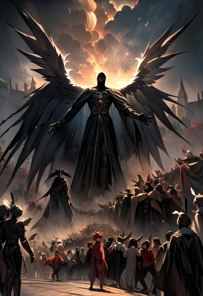 An oil painting, Falling from the sky, breathtaking masterpiece, vivid,  Caravaggio, 8K，Angelic，A lot of people，Fallen Angel，Duel Night Battle Angels vs Humans Multiplayer，9 people