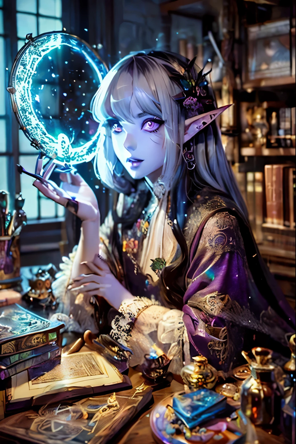 (Ultra-detailed face, open mouth), (Fantasy Illustration with Gothic & Ukiyo-e & Comic Art), (Full Body, A middle-aged dark elf woman with white hair, blunt bangs, very long disheveled hair, and dark purple skin, lavender eyes), (She is wearing a gorgeous wizard's robe of red silk with lace for women and thin black leather woven sandals), She peers through a magnifying glass at a sparkling, burning, magical clockwork artifact on a large wooden desk and examines it intently), BREAK (Ancient artifacts that look like junk are lying in disarray in the background, and bookshelves are crammed with books of magic)