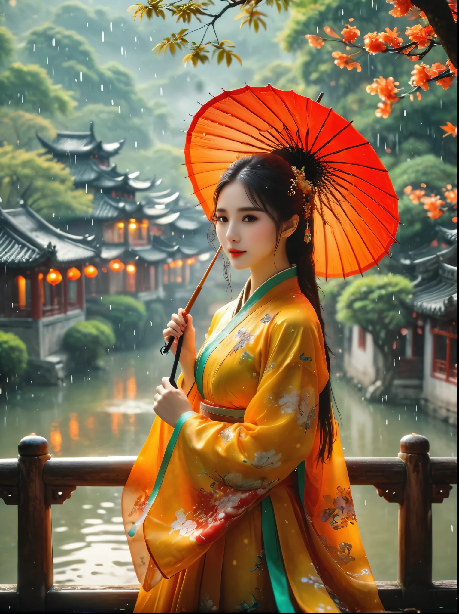 (Best quality，8k，high resolution，masterpiece:1.2)，Ultra Detail，(Girl holding an oil-paper umbrella:1.3)，(Oil-paper umbrella:1.5)，(Girls Focus)，(Close shot)，(beautydelicate eyes，beautydelicate lips，Extremely detailed eyes and face，Long eyelashes)，Stand on a small bridge，Running Water，Ancient Town，Jiangnan Scenery，antique，Spring rain，light rain，beauty，Traditional Chinese Hanfu，Chinese Architecture，illustration，The image is bright，rich and colorful，Fine details