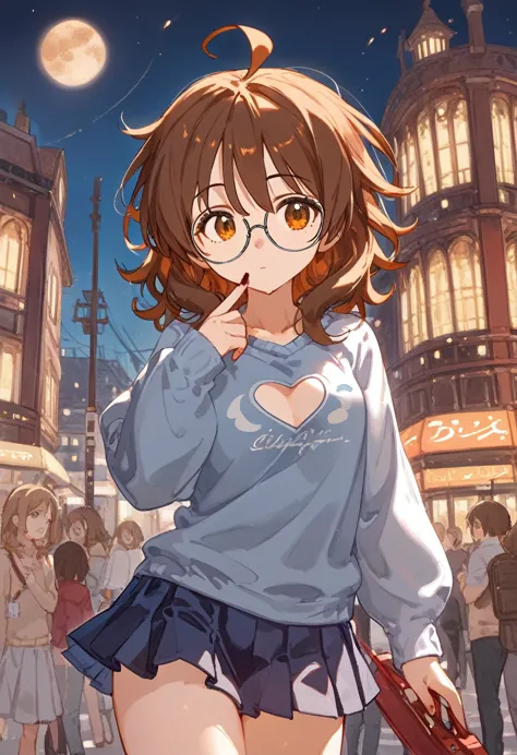 score_9, score_8_superior, one girl, hina araki, under-rim round glasses, juru, brown eyes, brown hair, medium hair, bedhead hai...