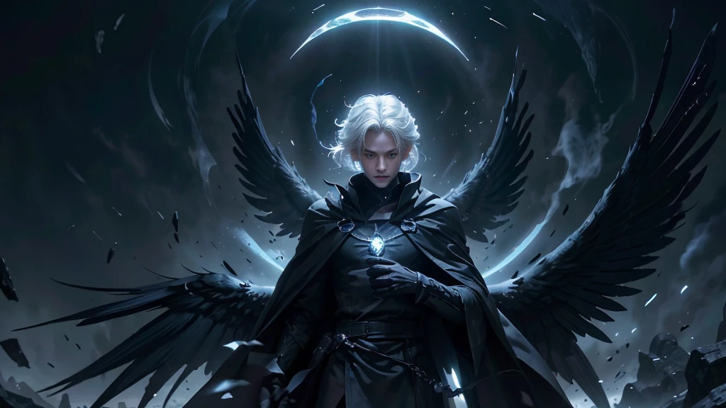 A white-haired man with a slender face, wearing a long black cloak, large black wings, holding an ancient magic stone, stood up, hovering over darkness, his blue eyes shining with determination, showing his determination to achieve his goal. The white-haired god, slender in face, wore a black cloak adorned with gold patterns. With long black wings, he holds the ancient scriptures, he stands in the air, the darkness. His posture represents power and greatness. The male character from the white-haired cartoon, his face is slender, wears an old black robe, his black wings look rough, he holds a magic stone, he stands with lice. Dark, his face represents fatigue and determination to overcome obstacles. A young man with white hair, slender face, wears a colored robe. Black Tei looks simple, his black wings look light, holding a new look of magic stones, standing, lice, darkness. His posture represents peace and determination to build the future. The white-haired man, slender face, wears a long black robe, large black wings, holds an ancient magic stone, stands, roller coaster, darkness. His blue eyes projected a glimmer of determination, showing his determination to achieve his goal. The white-haired god, slender face, wearing a black robe adorned with gold patterns, elongated black wings, holding an ancient scripture, standing with a roller coaster, darkness, his gestures symbolized power and power. Big male cartoon character with white hair, slender face, wearing a black robe, looking old, black wings looking rough, holding a stone. A powerful wizard, standing, hovering, darkness, his face representing fatigue and determination to overcome obstacles. A young man with white hair, slender face, wearing a simple black robe, thin black wings, holding a great magic stone, standing lice, darkness, his posture represents pity. Happiness and determination to create the future