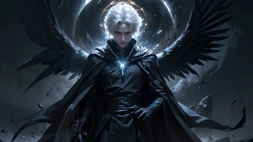 A white-haired man with a slender face, wearing a long black cloak, large black wings, holding an ancient magic stone, stood up, hovering over darkness, his blue eyes shining with determination, showing his determination to achieve his goal. The white-haired god, slender in face, wore a black cloak adorned with gold patterns. With long black wings, he holds the ancient scriptures, he stands in the air, the darkness. His posture represents power and greatness. The male character from the white-haired cartoon, his face is slender, wears an old black robe, his black wings look rough, he holds a magic stone, he stands with lice. Dark, his face represents fatigue and determination to overcome obstacles. A young man with white hair, slender face, wears a colored robe. Black Tei looks simple, his black wings look light, holding a new look of magic stones, standing, lice, darkness. His posture represents peace and determination to build the future. The white-haired man, slender face, wears a long black robe, large black wings, holds an ancient magic stone, stands, roller coaster, darkness. His blue eyes projected a glimmer of determination, showing his determination to achieve his goal. The white-haired god, slender face, wearing a black robe adorned with gold patterns, elongated black wings, holding an ancient scripture, standing with a roller coaster, darkness, his gestures symbolized power and power. Big male cartoon character with white hair, slender face, wearing a black robe, looking old, black wings looking rough, holding a stone. A powerful wizard, standing, hovering, darkness, his face representing fatigue and determination to overcome obstacles. A young man with white hair, slender face, wearing a simple black robe, thin black wings, holding a great magic stone, standing lice, darkness, his posture represents pity. Happiness and determination to create the future