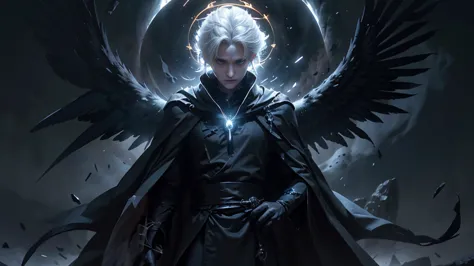 a white-haired man with a slender face, wearing a long black cloak, large black wings, holding an ancient magic stone, stood up,...