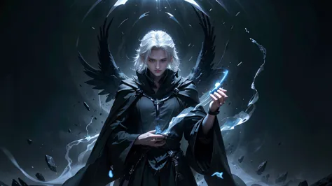 A white-haired man with a slender face, wearing a long black cloak, large black wings, holding an ancient magic stone, stood up,...