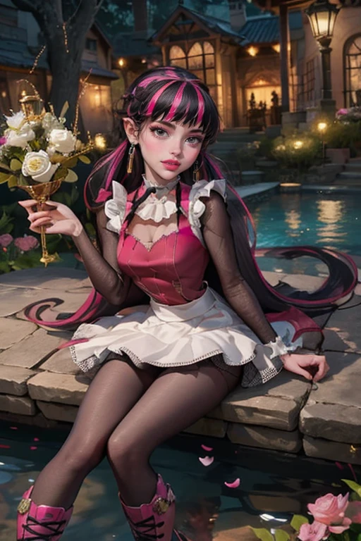 1 girl, a girl with bat wings, holding a red rose, succubus, bakery, a red roses on focus, red roses, bat choker, necklace, centered, bat jewelry, gothic scenery, Pink bat Jewelry, smile, vampire fangs, (looking at viewer), Draculaura_MH, wavy hair, solo, white roses, ornament hair, pink roses on her hair, bat ears on the top of the head, a vampire girl, holding a red rose, perfectly body, perfectly hands, pink hair, flowing hair, short hair, laying down on a grass, chinese garden style, oriental garden, a lake with white carpas on the background, gold lantern, pink dress, chinese pink dress, a dress with layers, short skirt, more details on her clothes, golden details, night, smiling, pink dress, garden scene, cowboy shot, luxury, gold details on her clothes, 1girl, dress, jewelry, maid clothes, maid, maid dress, maid apron, maid headdress, white apron, solo, pink dress, gold lantern, Chinese style, Chinese lanterns, Chinese maid dress, red gloves, white socks, white laces, red shoes, gold details on her clothes, cat ears, animal ears, garden, flowers, temple, lantern rite, more details, best quality