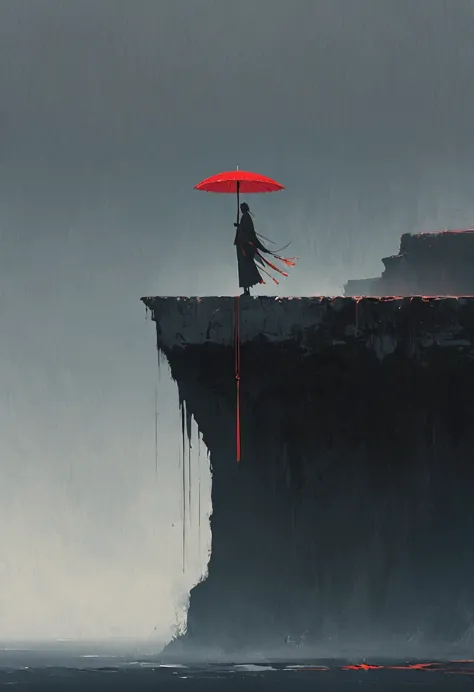 a simple,minimalist illustration, 1 red umbrella suspended in the air,tassels on the umbrella,solitary figure,on a cliff edge,br...