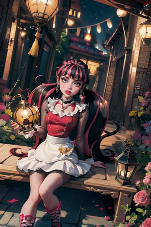 1 girl, a girl with bat wings, holding a red rose, succubus, bakery, a red roses on focus, red roses, bat choker, necklace, centered, bat jewelry, gothic scenery, Pink bat Jewelry, smile, vampire fangs, (looking at viewer), Draculaura_MH, wavy hair, solo, white roses, ornament hair, pink roses on her hair, bat ears on the top of the head, a vampire girl, holding a red rose, perfectly body, perfectly hands, pink hair, flowing hair, short hair, laying down on a grass, chinese garden style, oriental garden, a lake with white carpas on the background, gold lantern, pink dress, chinese pink dress, a dress with layers, short skirt, more details on her clothes, golden details, night, smiling, pink dress, garden scene, cowboy shot, luxury, gold details on her clothes, 1girl, dress, jewelry, maid clothes, maid, maid dress, maid apron, maid headdress, white apron, solo, pink dress, gold lantern, Chinese style, Chinese lanterns, Chinese maid dress, red gloves, white socks, white laces, red shoes, gold details on her clothes, cat ears, animal ears, garden, flowers, temple, lantern rite, more details, best quality