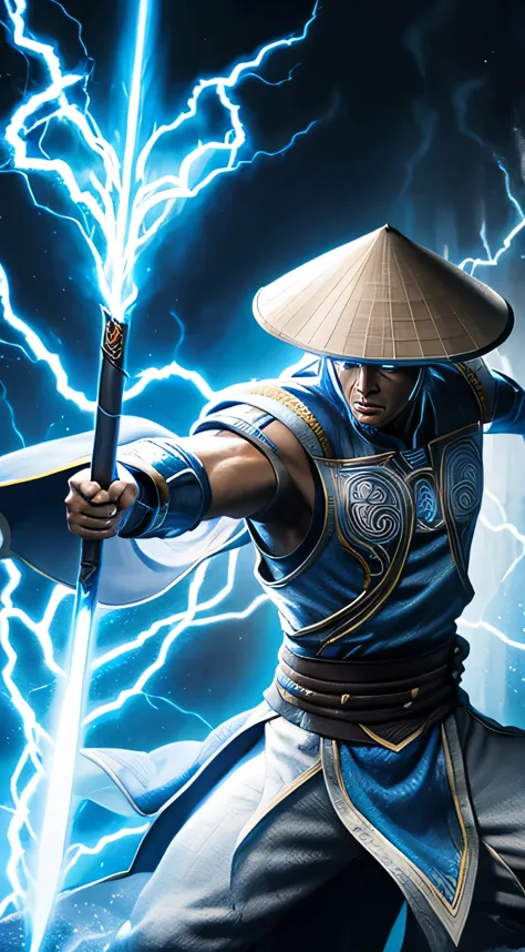 raiden, mortal combat, wears white cloak, a vietnamese hat, shining blue eyes, wields baton, god of thunder, protector of the ea...