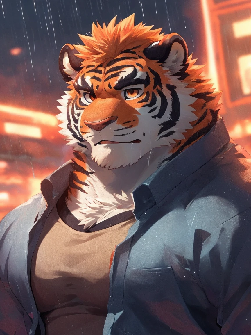 human nature, Wildlife, male,18 years old， solitary, ((Round Face, The face is plump,Orange eyes,Thick orange hair，With scars)), ((Endomorph, Handsome，Hot Blood)), (Sportswear，Light blue and white coat，Wear a sports cap), ((domestic tiger, tiger，) Fluffy fur, Fluffy), Bokeh, (high quality, high resolution, masterpiece), (Dynamic Lighting, Vibrant colors，Natural fill light), (Revitalize，harm，Disdain，aggressive), Full body picture (close up), cartoon, author：Takemoto Arashi, From zixiong, By Chunni, author：Empty Ghost，（background：Raining dead city）