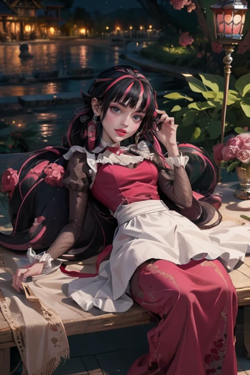 1 girl, a girl with bat wings, holding a red rose, succubus, a red roses on focus, red roses, black hair, pink hair, multicolored hair, bat choker, necklace, centered, bat jewelry, gothic scenery, Pink bat Jewelry, smile, vampire fangs, (looking at viewer), Draculaura_MH, wavy hair, solo, red roses, ornament hair, pink roses on her hair, bat ears on the top of the head, a vampire girl, holding a red rose, perfectly body, perfectly hands, pink hair, flowing hair, short hair, laying down on a grass, chinese garden style, oriental garden, a lake with white carpas on the background, gold lantern, black dress, chinese black dress, a dress with layers, short skirt, more details on her clothes, laying down, golden details, night, smiling, pink dress, garden scene, cowboy shot, luxury, gold details on her clothes, 1girl, dress, jewelry, maid clothes, maid, maid dress, maid apron, maid headdress, white apron, solo, black dress, gold lantern, Chinese style, Chinese lanterns, Chinese maid dress, laying down on the grass, black gloves, black socks, white laces, pink shoes, gold details on her clothes, cat ears, animal ears, garden, roses, more details, best quality