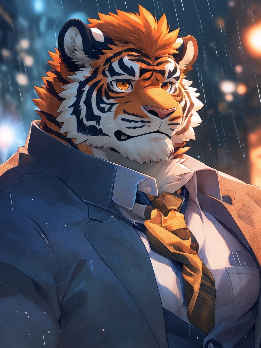 human nature, Wildlife, male,18 years old， solitary, ((Round Face, The face is plump,Orange eyes,Thick orange hair，With scars)), ((Endomorph, Handsome，Hot Blood)), (Sportswear，Light blue and white coat，Wear a sports cap), ((domestic tiger, tiger，) Fluffy fur, Fluffy), Bokeh, (high quality, high resolution, masterpiece), (Dynamic Lighting, Vibrant colors，Natural fill light), (Revitalize，harm，Disdain，aggressive), Full body picture (close up), cartoon, author：Takemoto Arashi, From zixiong, By Chunni, author：Empty Ghost，（background：Raining dead city）